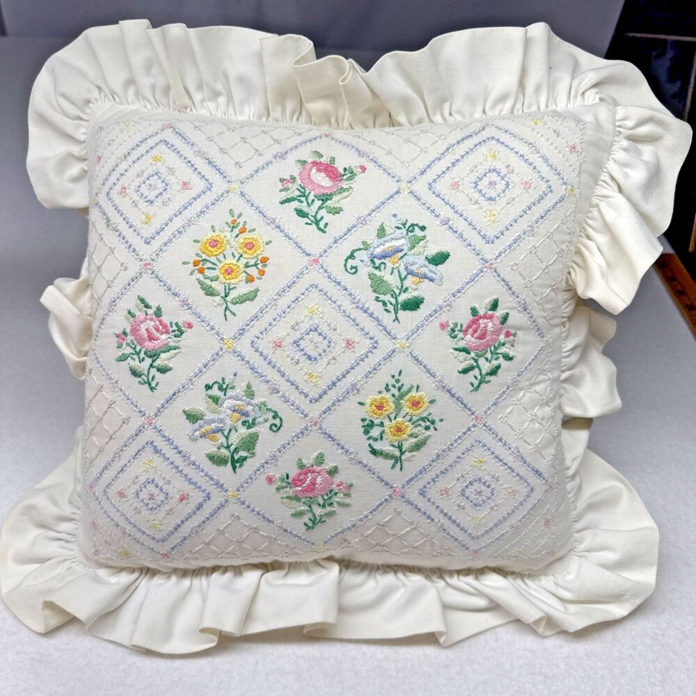 Handmade Floral Embroidered Pillow Roses Ruffle Cottagecore Grandmillennial